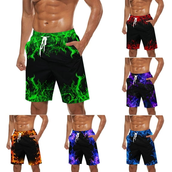 Brnmxoke Men's Swim Trunks Long,Mens 5" Flames Printed Swim Trunks with Pockets Big and Tall Swim Shorts Stretch Breathable Quick Dry Mens Beach Shorts Red,L