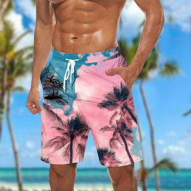 Brnmxoke Men's Swim Trunks Long,Mens Stretch Breathable Swim Shorts Tropical Printed Sports Swim Trunks 7 inch Quick Dry Mens Bathing Suits Pink,L