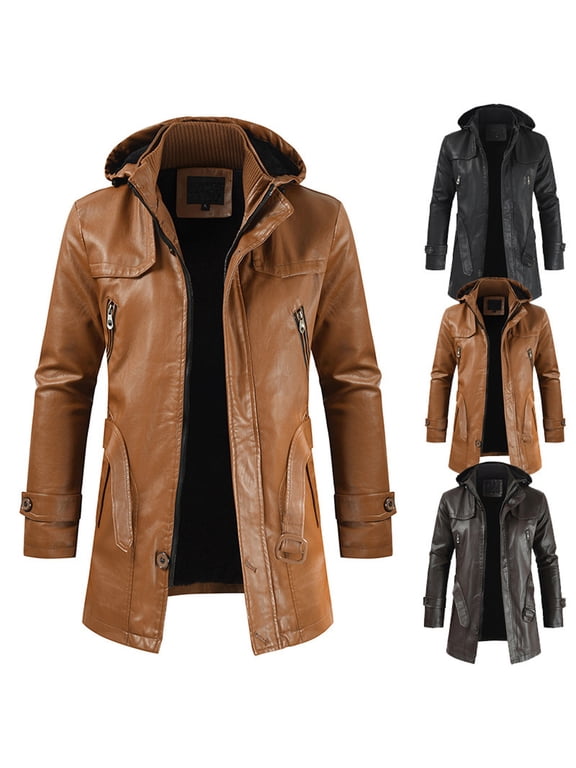 Men's Trench Coat Casual PU Faux Leather Zip-Up Coat with Hood Motorcycle Bomber Jacket Mid Length Windbreaker Overcoat Coffee,L