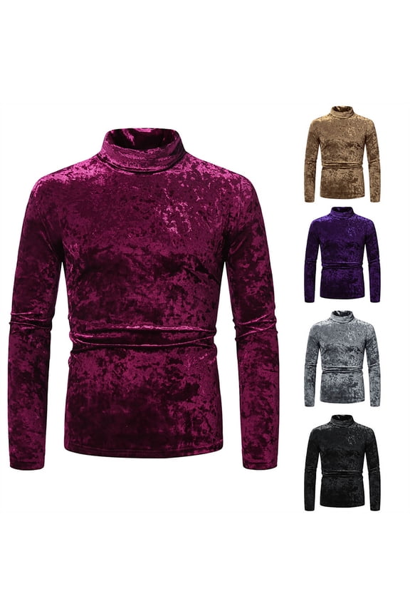 Men's Velvet Long Sleeve Shirts,Turtleneck Velour T-Shirts for Men Vintage Classic Solid Slim Fit Muscle Shirt for Wedding Party Gold,M