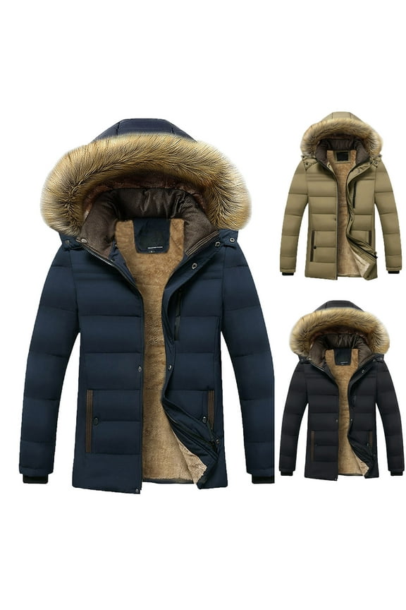 Men's Winter Jacket Big and Tall Water Resistant Windproof Fleece Thicken Parka Winter Down Jacket Coat Warm Parka Jacket with Faux Fur Removable Hood Khaki,L