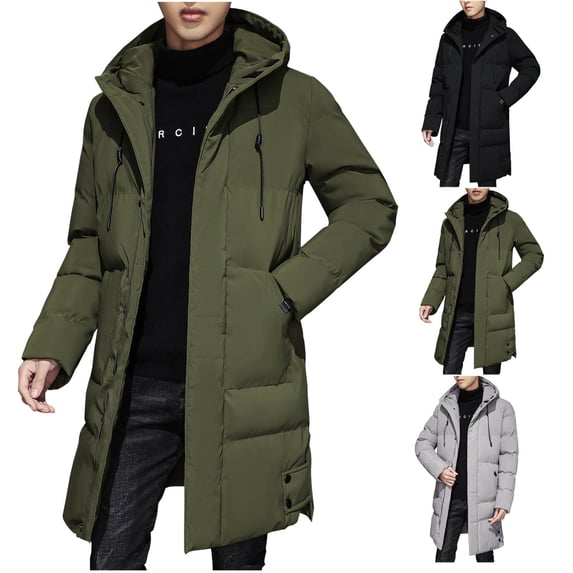 Brnmxoke Men's Winter Puffer Jacket Solid Hooded Long Coat Warm Quilted Padded Jackets with Pockets Cold Weather Parka Outerwear Green,M