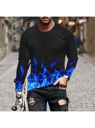 GUZYING Oversized T Shirts for Men Flame Print Crew Neck Long Sleeve Men's Tshirt Shirts for Men Sweat Shirts Men Long Sleeve T Shirts Men On Sales