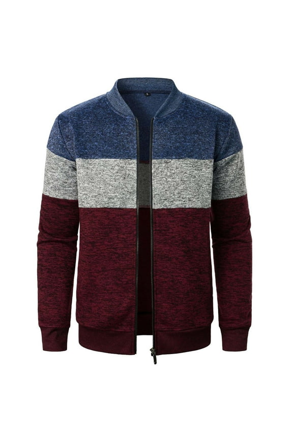 Mens Cardigan Zip Up - Casual Stand Collar Knitted Cardigans Color Block Lightweight Big and Tall Open Front Coat Navy,L