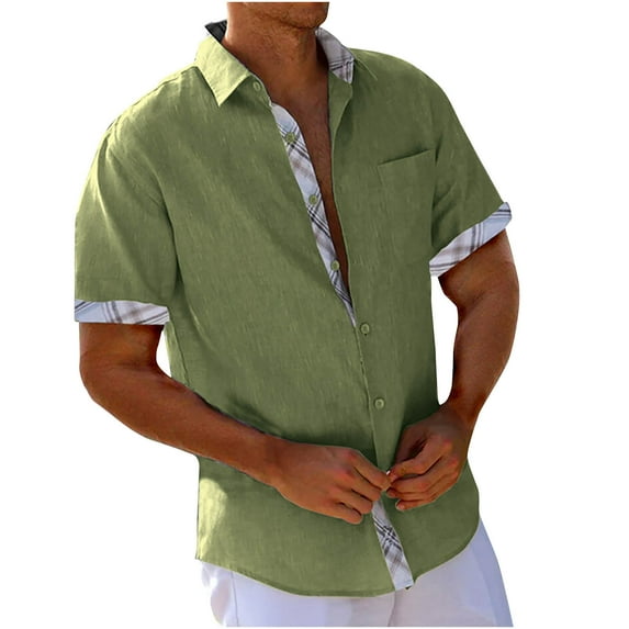 Brnmxoke Mens Casual Short Sleeve Shirts Collared Stripe Contrast Button Down Shirts Summer Muscle Fit Dress Shirts with Pockets Green,XL