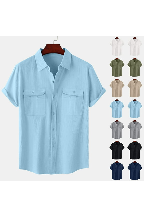Mens Cotton Linen Shirt Big and Tall Casual Button Down Short Sleeve Shirts Summer Cuban Camp Guayabera Vacation Beach Shirts with Pocket Army Green,M