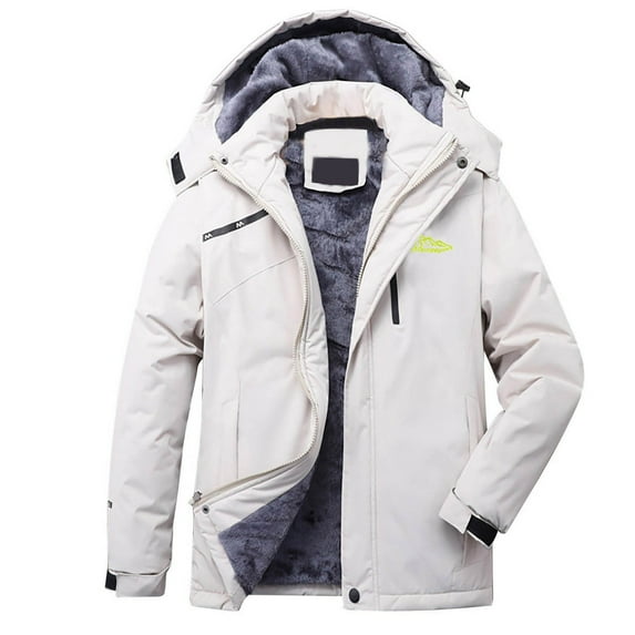 Brnmxoke Mens Fall Puffer Jacket - Fleece Waterproof Winter Zip Up Jackets with Detachable Hood Thicken Thermal Outdoor Coats White,XXL