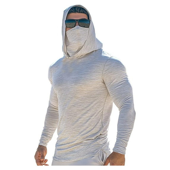 Brnmxoke Mens Fishing Hoodies Sun Protection Shirts UPF 50+ Long Sleeve Hoodie with Face Mask UV Rash Guard Quick Dry Hiking Shirt White,XXL