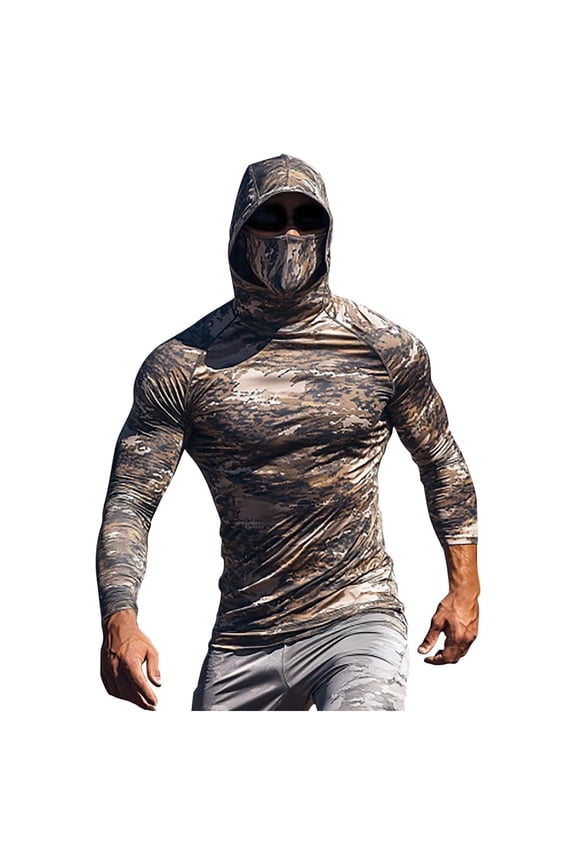 Mens Fishing Hoodies Sun Protection Spf Shirts UPF 50+ Long Sleeve Hoodie with Face Mask UV Rash Guard Quick Dry Hiking Shirt Camouflage,XL