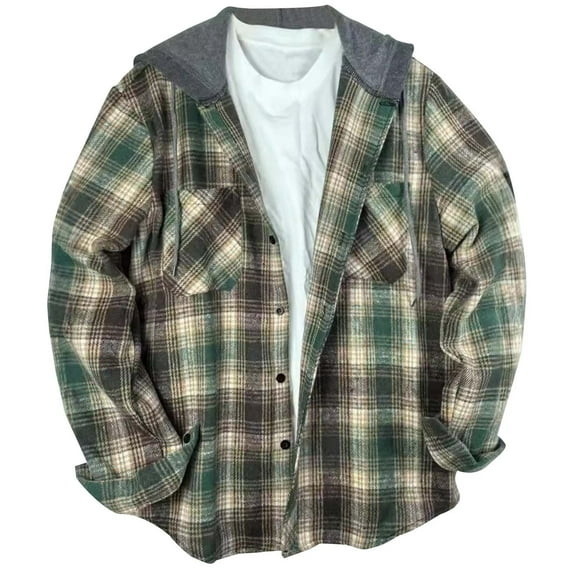 Brnmxoke Mens Flannel Hooded Shirt Flannel Hoodie Shirts Long Sleeve Casual Vintage Button Down Plaid Shirt Jacket with Pocket Green,M