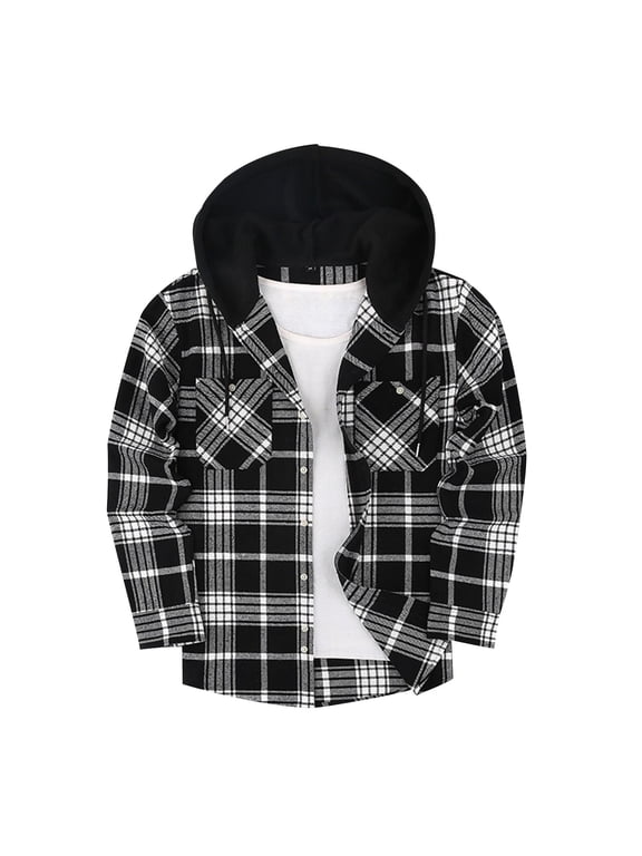 Mens Flannel Jacket Hoodie Flannel Hoodie Shirt Casual Button Down Plaid Jacket Shirts Stylish Long Sleeve Shirts with Pocket White,S