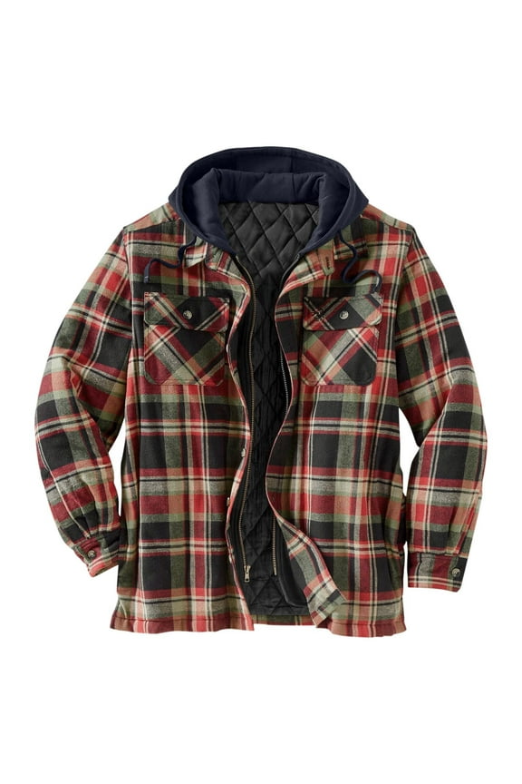 Mens Flannel Lined Jacket Full Zip Thicken Insulated Hooded Plaid Shirts Quilted Long Sleeve Coats with Pockets Multicolor,L