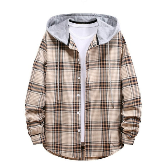 Brnmxoke Mens Flannel Shirt Plaid Hoodie Teen Boys Shirts Casual Button Down Long Sleeve Lightweight Shacket Jackets Khaki,XL