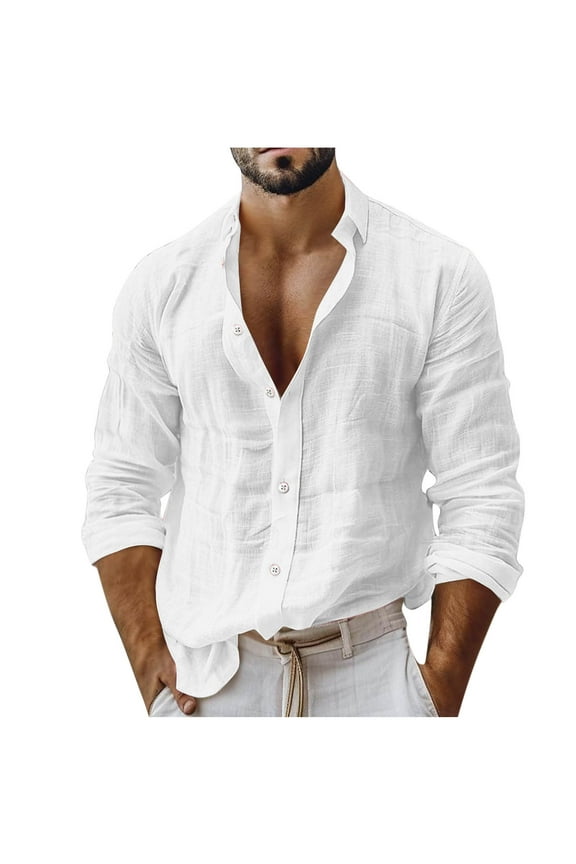 Mens Linen Shirts Long Sleeve Button Down Tops Loose Lapel Casual T-shirts Breathable Beach Tees Spring Summer Fall White,XXL