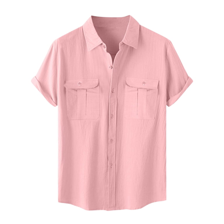 light pink men's dress shirt short sleeve Fznquz Plaid Mens Dress Shirts Button-Up Pink Short Sleeve Casual Collar Summer Boys T-Shirts L, Men's, Size: Large