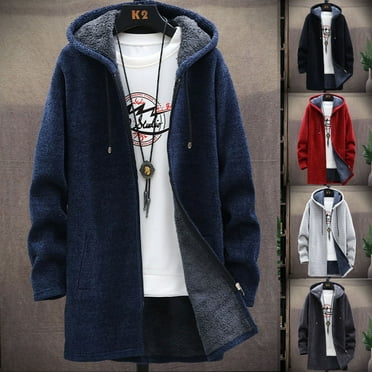 Brnmxoke Mens Long Cardigan Hoodies Full Zip Fleece Lined Sweaters Open Front Hooded Knitted Cardigans Sweater Winter Warm Coats with Pockets Black,XXL