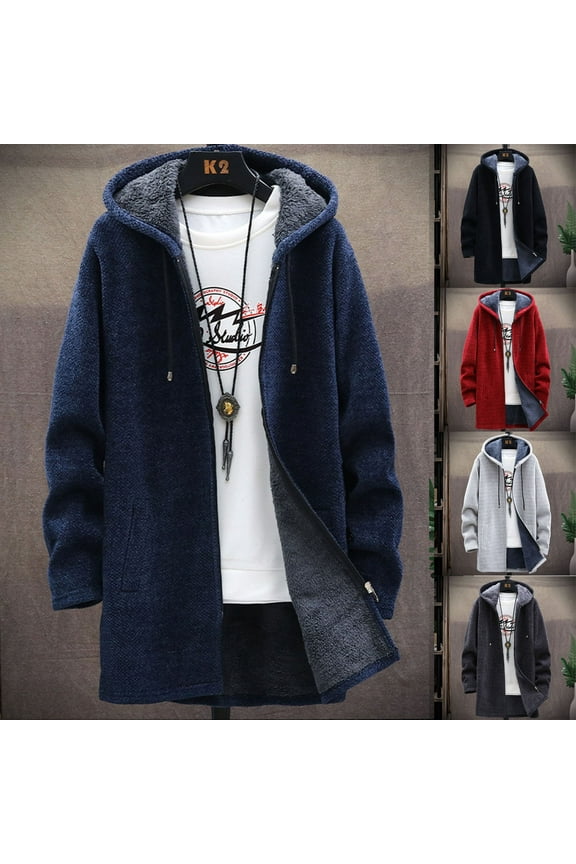 Mens Long Cardigan Hoodies Full Zip Fleece Lined Sweaters Open Front Hooded Knitted Cardigans Sweater Winter Warm Coats with Pockets Gray,XXL