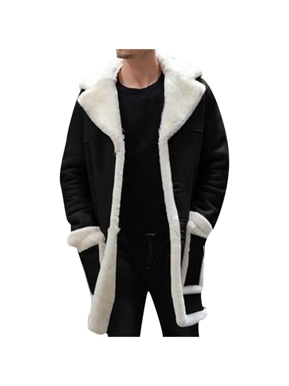 Mens Long Faux Fur Collar Suede Jacket Sherpa Lined Fleece Shearling Trench Coat Warm Military Cargo Trucker Aviator Lapel Jacket Outwear Plus Size,M-5XL