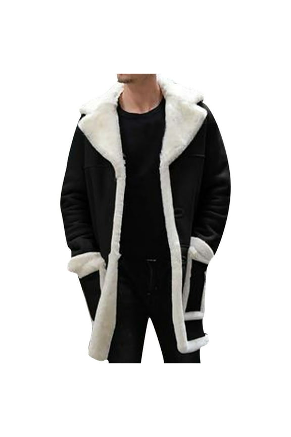 Mens Long Faux Fur Collar Suede Jacket Sherpa Lined Fleece Shearling Trench Coat Warm Military Cargo Trucker Aviator Lapel Jacket Outwear Plus Size,M-5XL