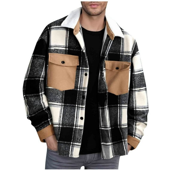 Brnmxoke Mens Long Sleeve Plaid Button Down Shirts Flannel Outwear Warm Collared Jackets Trendy Winter Wool Coats with Pockets Black,XL