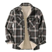 BRNMXOKE Mens Plaid Flannel Jacket Sherpa Fleece Lined Cotton Thick Shirts Button Up Winter Outerwear Coat with Pockets Brown,XL