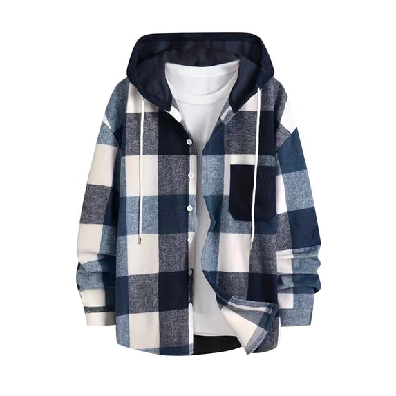 Brnmxoke Mens Plaid Hooded Jacket Flannel Hoodie Shirts Long Sleeve Casual Vintage Button Down Plaid Shirt Jacket with Pocket Navy,L