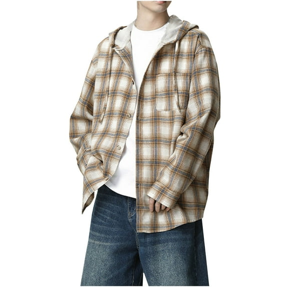 Brnmxoke Mens Plaid Shirt with Hood Flannel Hoodie Shirt Casual Button Down Plaid Jacket Shirts Stylish Long Sleeve Shirts with Pocket Khaki,L