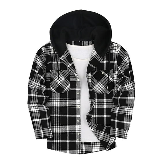 Brnmxoke Mens Plaid Shirt with Hood Flannel Hoodie Shirt Casual Button Down Plaid Jacket Shirts Stylish Long Sleeve Shirts with Pocket White,L