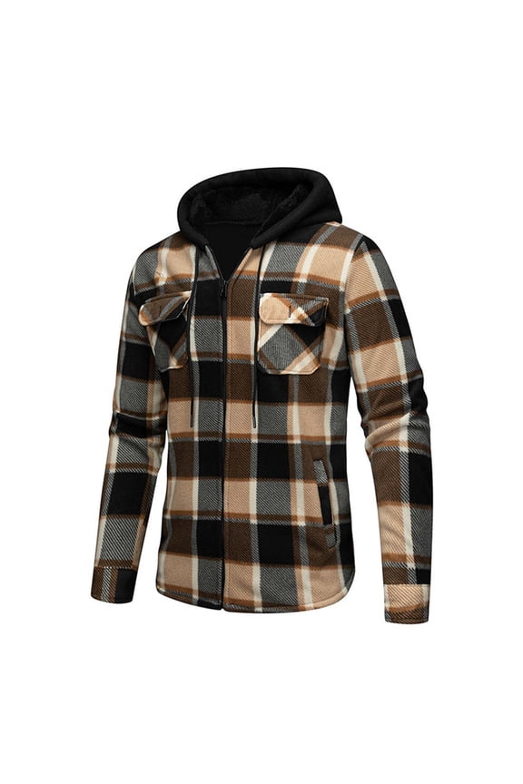 Mens Plaid Shirts Long Sleeve Flannel Hooded Full Zip Thick Jackets Fleece Casual Wool Utility Coats with Pockets Khaki,XL