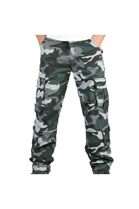 Mens Polyester Cargo Pants Relaxed-Fit Camo Military Fatigue Pant Multi Pocket Camouflage Combat Work Casual Outdoor Trousers Blue,XXXXL