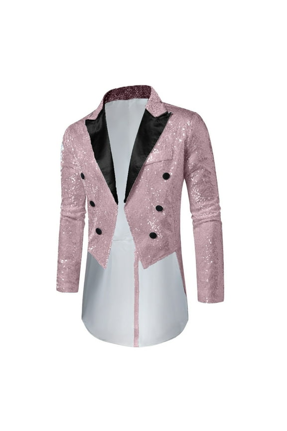 Mens Sequin Tuxedo Jacket Tails Slim Fit Tailcoat Dress Coat Swallowtail Dinner Party Wedding Blazer Suit Jacket Pink,S