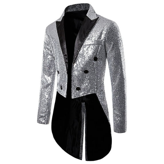 Brnmxoke Mens Sequin Tuxedo Tailcoat Glitter Sparkly Slim Fit Swallowtail Suit Jacket Dinner Party Wedding Prom Dress Coats Silver,S
