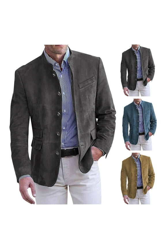 Mens Suede Leather Blazers Single Breasted Button Down Jackets Lightweight Business Sport Blazer Trucker Coat for Men Dark Gray,XL
