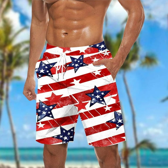 Brnmxoke Mens Swim Trunks Long 7 inch Quick Dry Board Shorts with Pockets USA Flag Stars Stripes Bathing Suit Beach Shorts Black,M