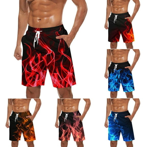 Brnmxoke Mens Swim Trunks Long,Men's Flames Printed Swim Trunks Big and Tall Quick Dry Bathing Suits 9 Inch Swimming Shorts Stretch Breathable Swimwear with Pockets Blue,L