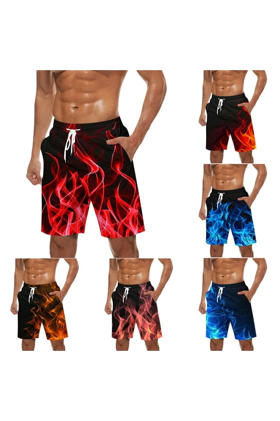 Mens Swim Trunks Long,Men's Flames Printed Swim Trunks Big and Tall Quick Dry Bathing Suits 9 Inch Swimming Shorts Stretch Breathable Swimwear with Pockets Orange,M