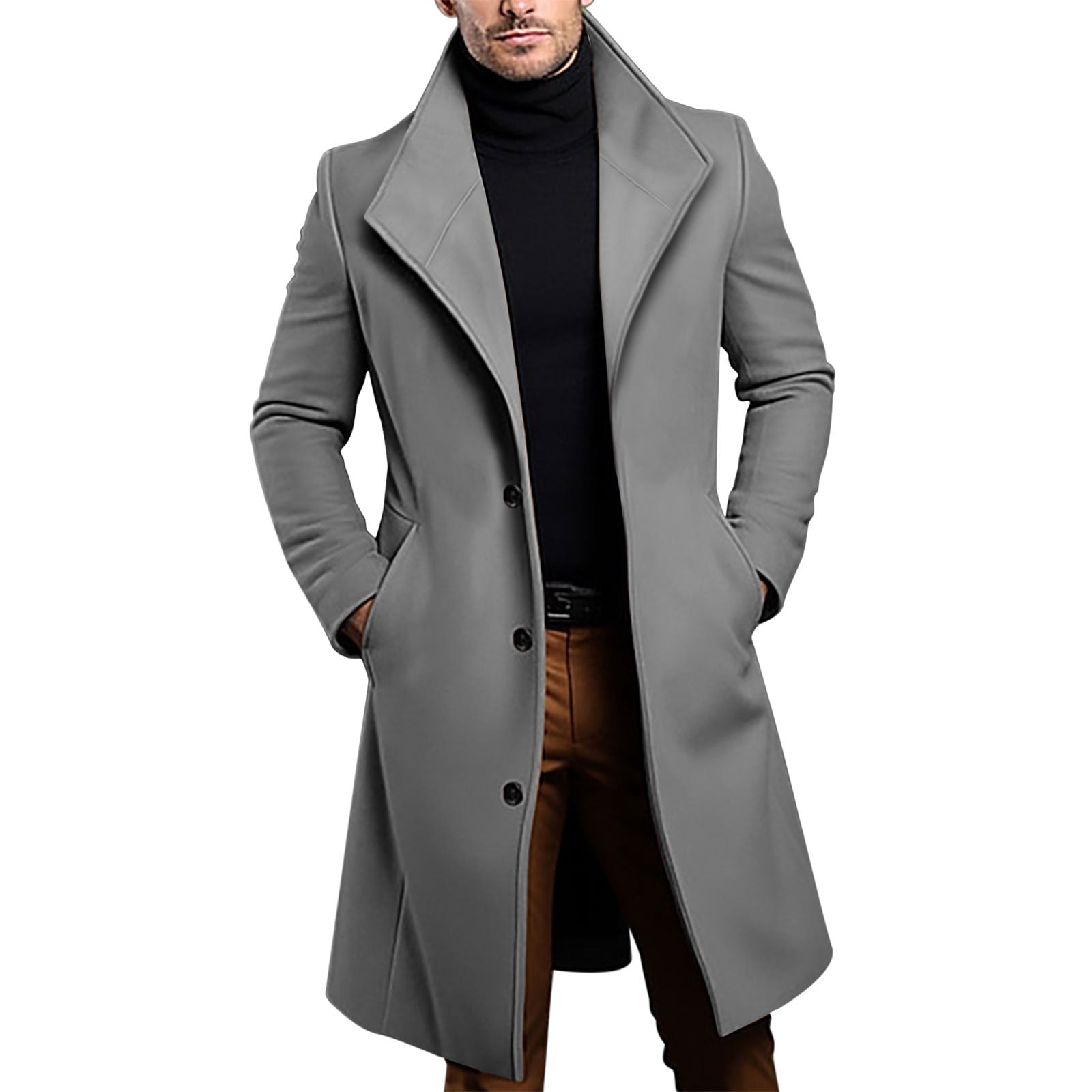 Brnmxoke Mens Wool Long Coat Notched Collar Single Breasted