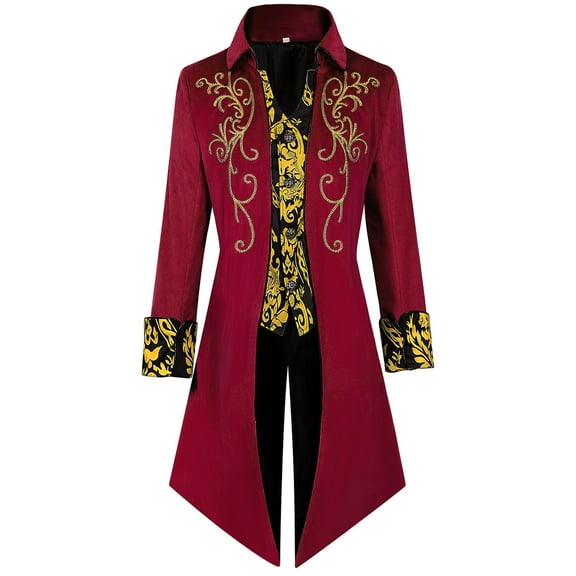 Brnmxoke Mens Vintage Tailcoat Medieval Steampunk Trench Coats Halloween Costumes Renaissance Pirate Vampire Gothic Jackets Coat Red,XXL