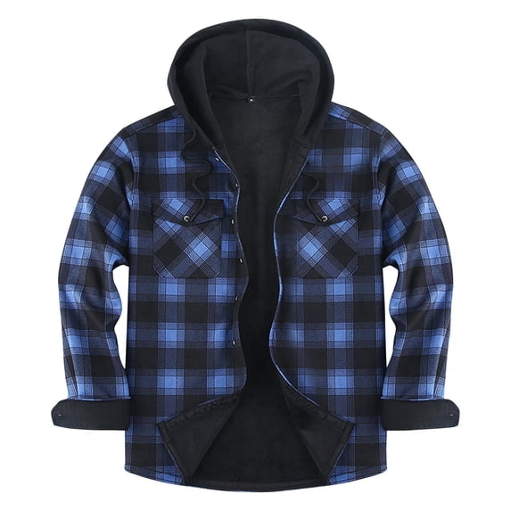 Brnmxoke Mens Winter Flannel Jacket - Button Down Quilted Plaid Jackets with Hood Fleece Long Sleeve Shacket with Pockets Blue,M