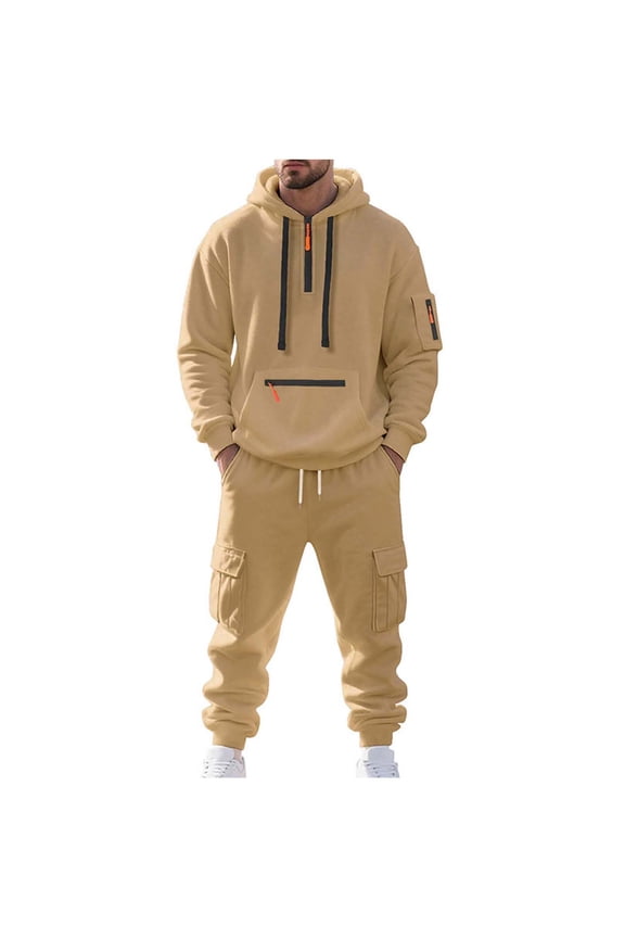 Mens Winter Track Suits 2 Piece Set Quater Zip Up Pullover Sweatshirt Sets Hooded Workout Multi Pockets Cargo Outfit Khaki,M