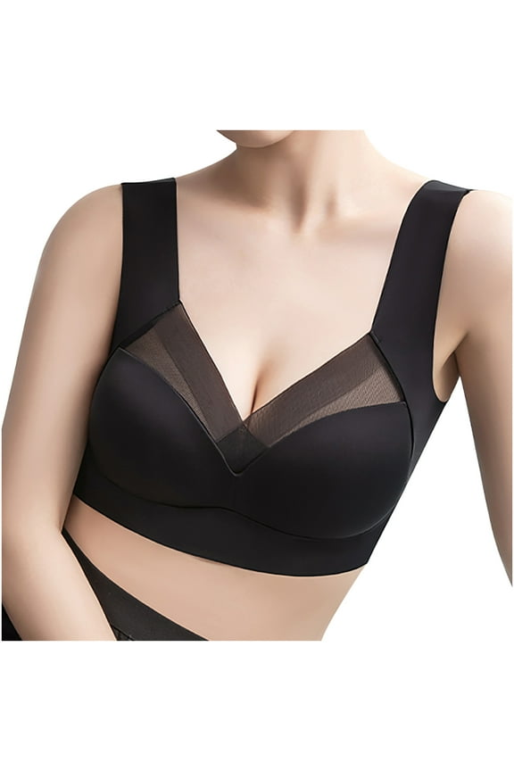 Older Women Bras Seamless Comfort Push Up Wireless Bras Posture Correcting Ice Silk Gathering Bra for Seniors Black,2XL