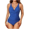 thumbnail image 1 of Brnmxoke One Piece Swimsuit Women Tummy Control Stretch Slimming Slessless V Neck Bathing Suit Retro Ruched Push Up Vintage Swimwear Beach Sets Blue,XL, 1 of 5