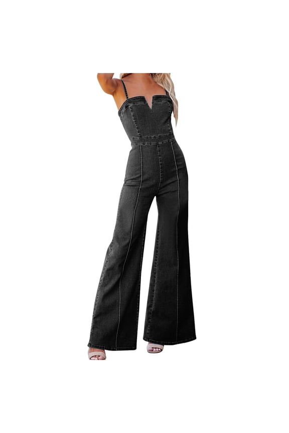 Overalls for Women Loose Fit Denim Sleeveless Spaghetti Straps V-Neck Jumpsuit Zipper Wide Leg Flare One Piece Jean Rompers Black,L