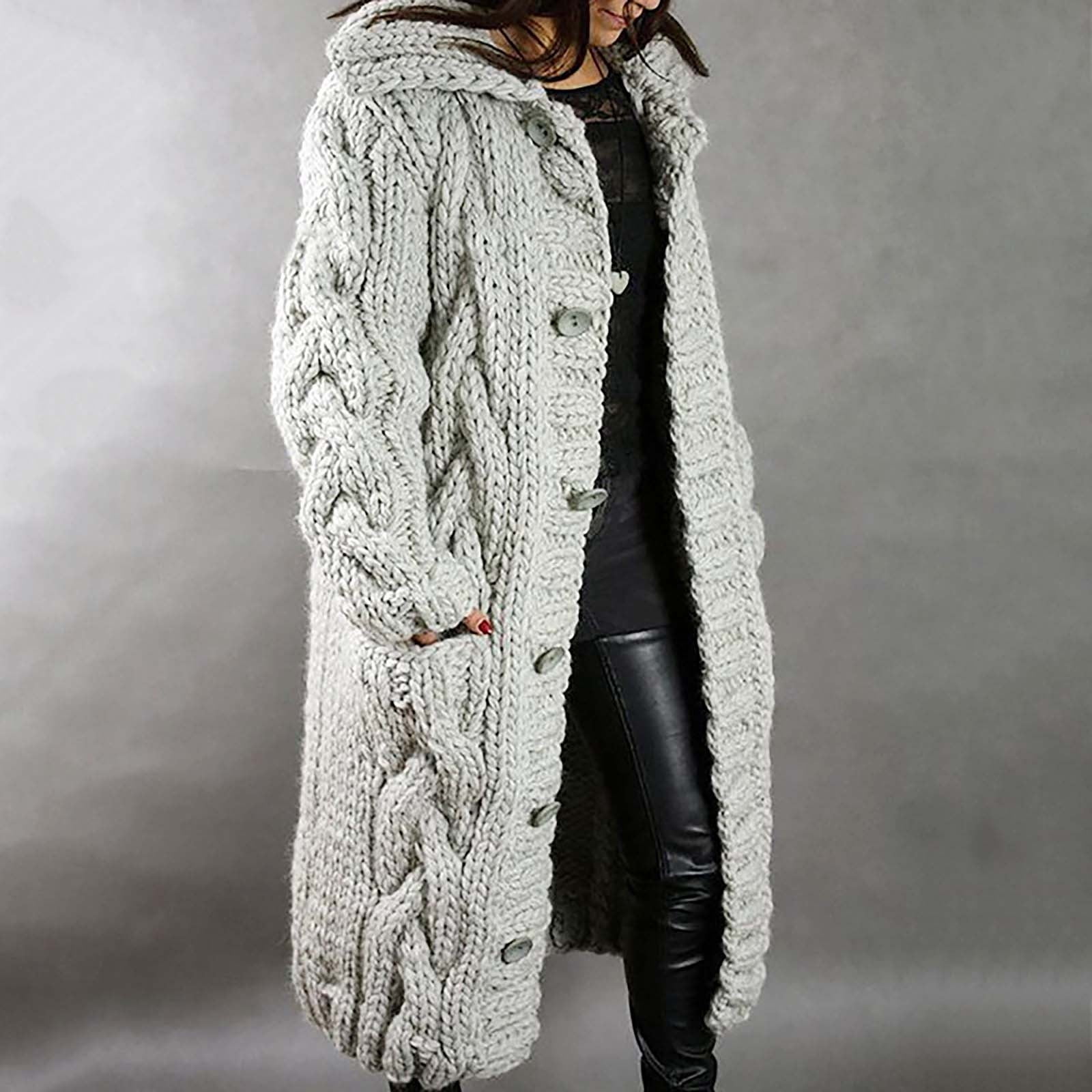 Brnmxoke Oversized Cable Knit Sweater Women Button Up Long Sweater Cardigan Vintage Turn Down Collar Cardigan with Pockets Walmart