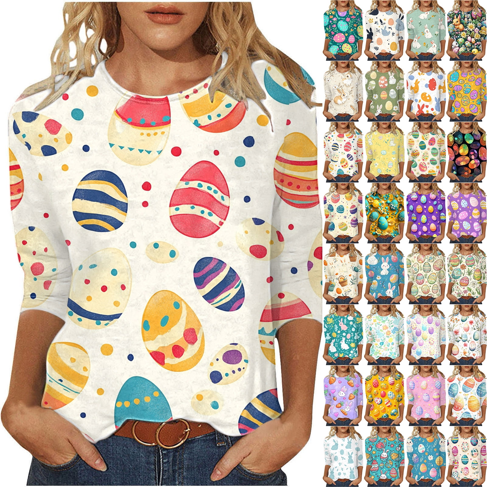 Happy Easter Bunny Graphic T-Shirt For Women - Funny Rabbit Letter Print Tee, Grey Medium
