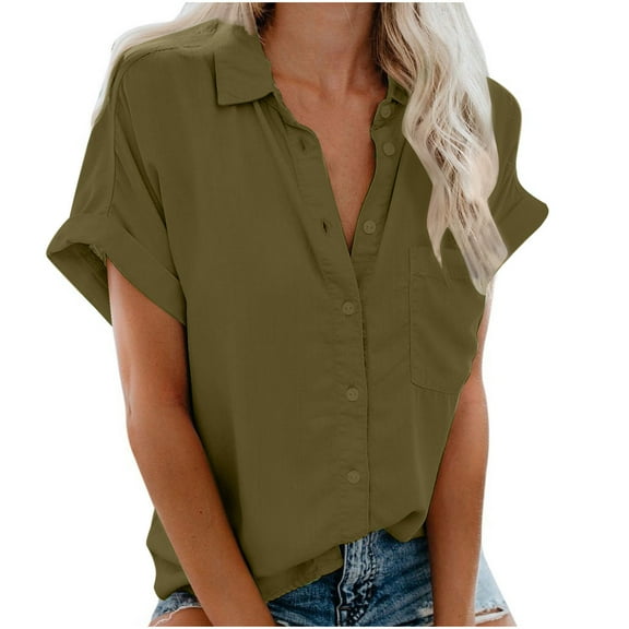 Brnmxoke Oversized Short Sleeve Button Down Blouses Shirts for Women Linen Cotton V Neck Collared Button Up Summer Tops Solid Color Camp Shirt