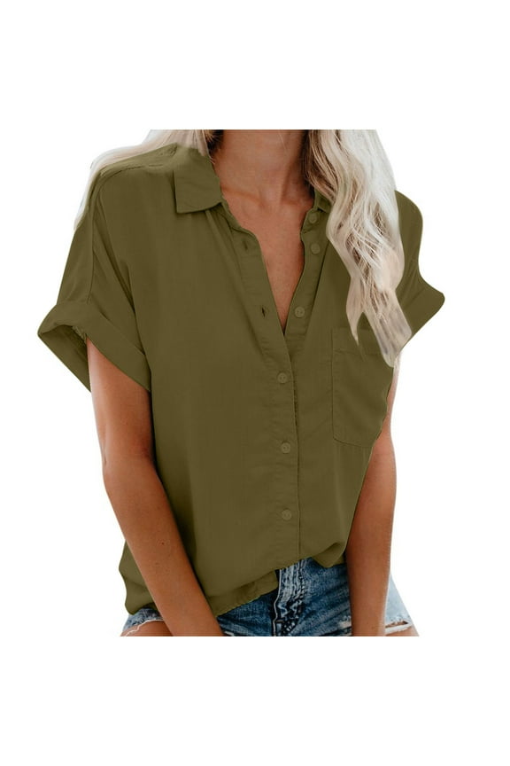 Oversized Short Sleeve Button Down Blouses Shirts for Women Linen Cotton V Neck Collared Button Up Summer Tops Solid Color Camp Shirt
