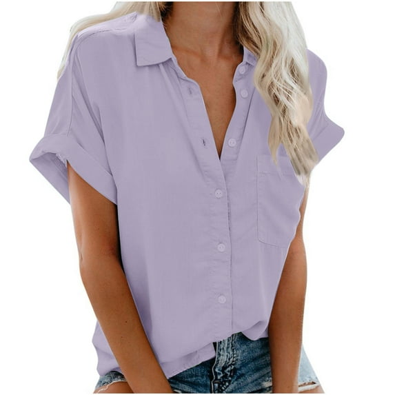 Brnmxoke Oversized Short Sleeve Button Down Blouses Shirts for Women Linen Cotton V Neck Collared Button Up Summer Tops Solid Color Camp Shirt