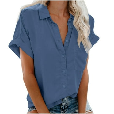 Brnmxoke Oversized Short Sleeve Button Down Blouses Shirts for Women Linen Cotton V Neck Collared Button Up Summer Tops Solid Color Camp Shirt