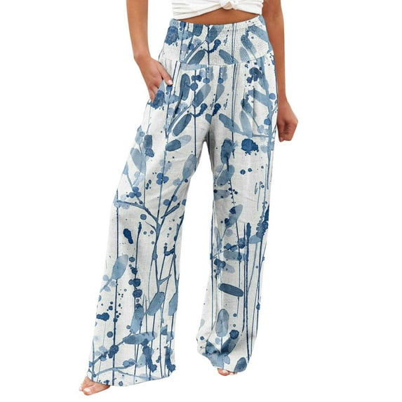 Brnmxoke Palazzo Pants for Women Wide Leg,Women Summer High Waisted Cotton Linen Beach Pants Boho Printed Wide Leg Long Lounge Pant Trousers with Pocket